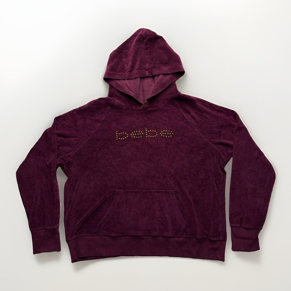 Vintage BEBE Women's Y2K Burgandy Velour Studs 2X Bling Pullover Logo Hoodie